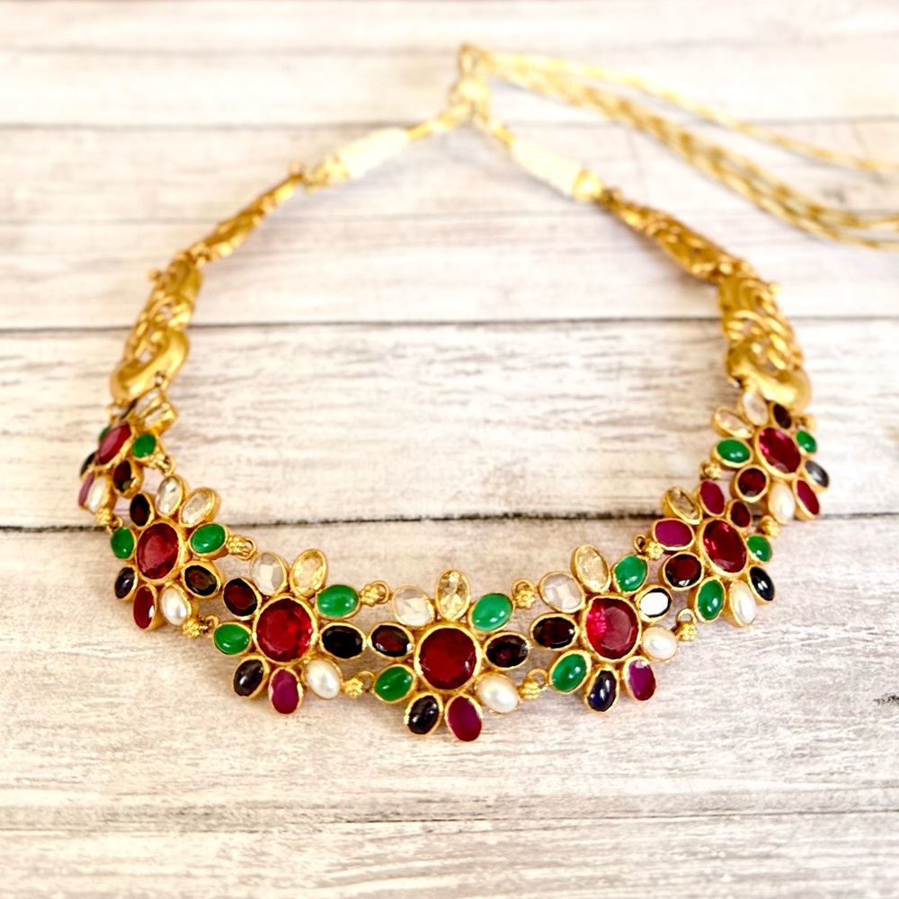 Gold and  multi color stone Floral Necklace